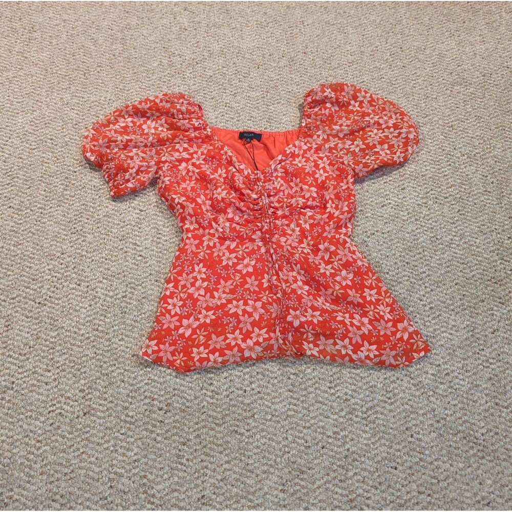 Eclair Floral Top Blouse Womens Small Red Cottagecore Boho Rouched Puff Sleeve
